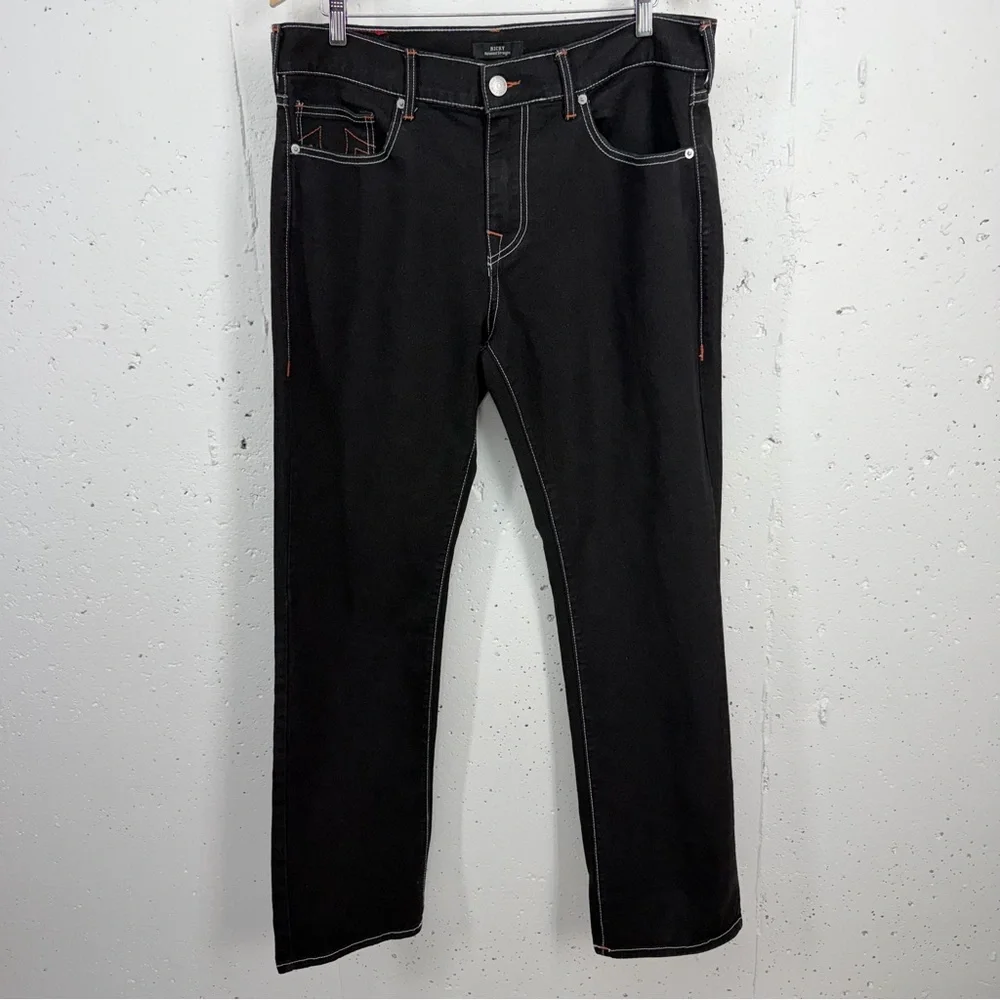 True Religion 34 x 32.5 Ricky Black Single Stitch Straight Leg Jeans